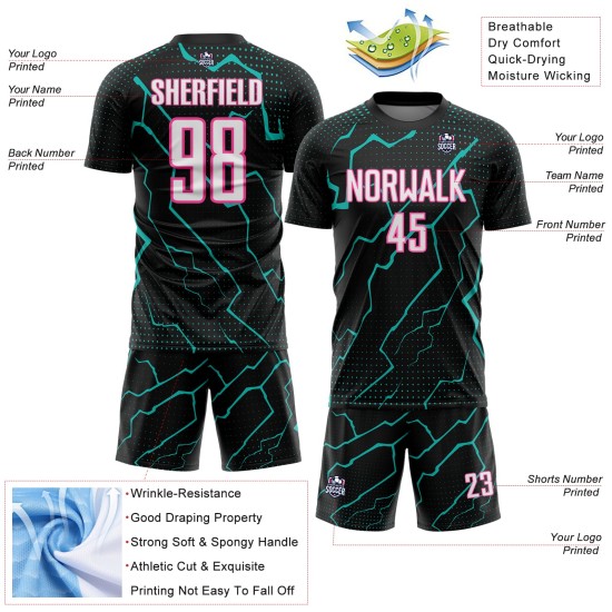 White Jersey Lightning Aqua-Pink Black Sports Custom Uniform Soccer Sublimation White Jersey Lightning Aqua-Pink Black Sports Custom Uniform Soccer Sublimation