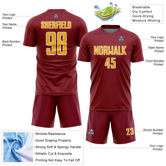Geometric Jersey Shape Uniform Sublimation Soccer Crimson Gold-White Sports Custom Geometric Jersey Shape Uniform Sublimation Soccer Crimson Gold-White Sports Custom